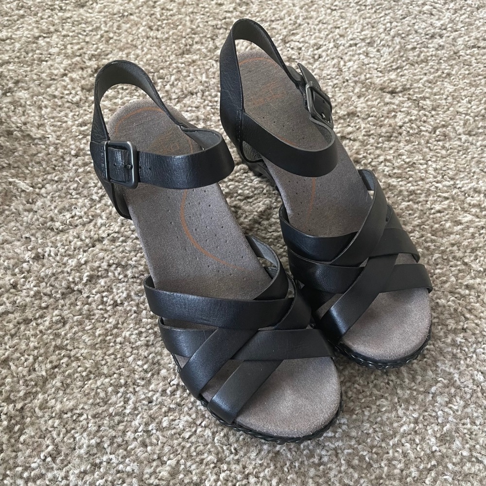 Dansko Black Leather Strappy Wedge Sandals